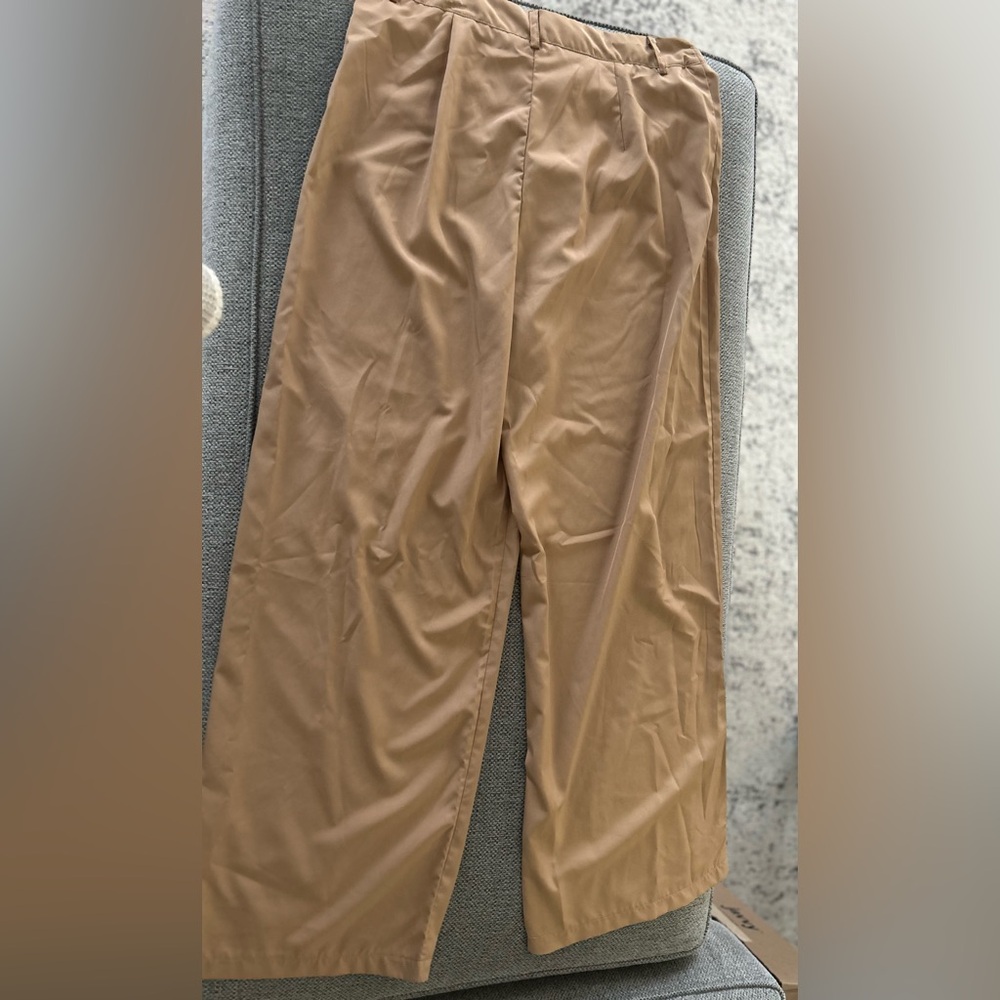 Tan, thin, wide leg, high waisted dress pants